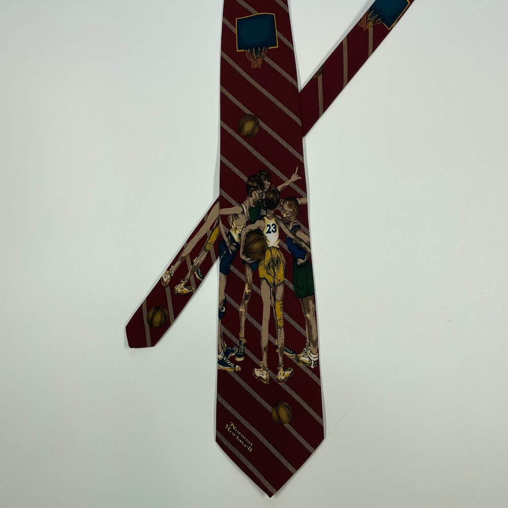 Norman Rockwell Burgundy Basketball Necktie Striped Art Novelty Mens OS